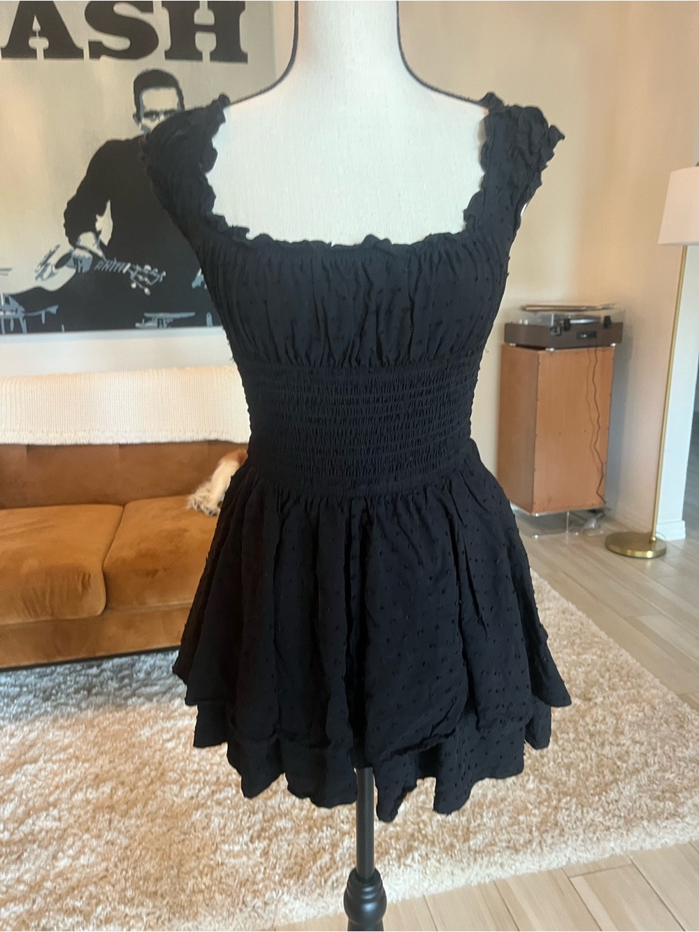 Black babydoll dress with ruffle sleeves